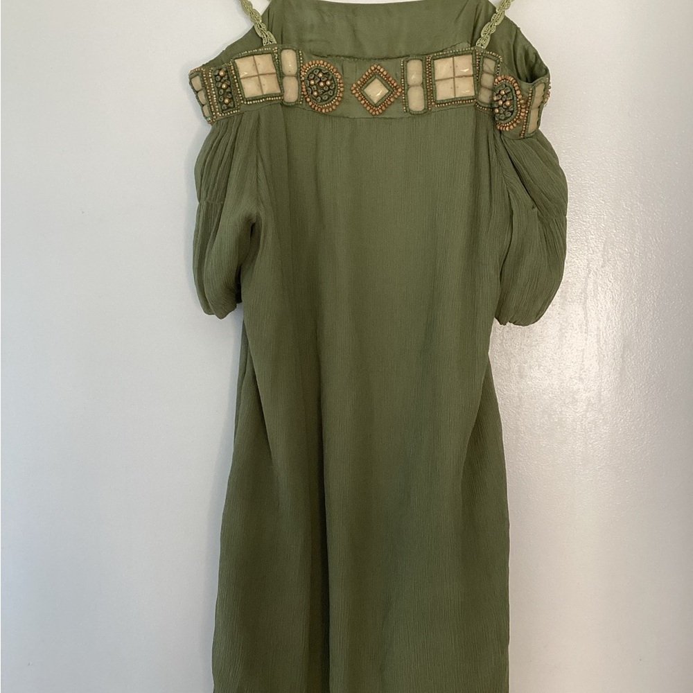 Vintage Style Gold Hawk Green Pleated Cold Shoulder Sundress S - Picture 5 of 11